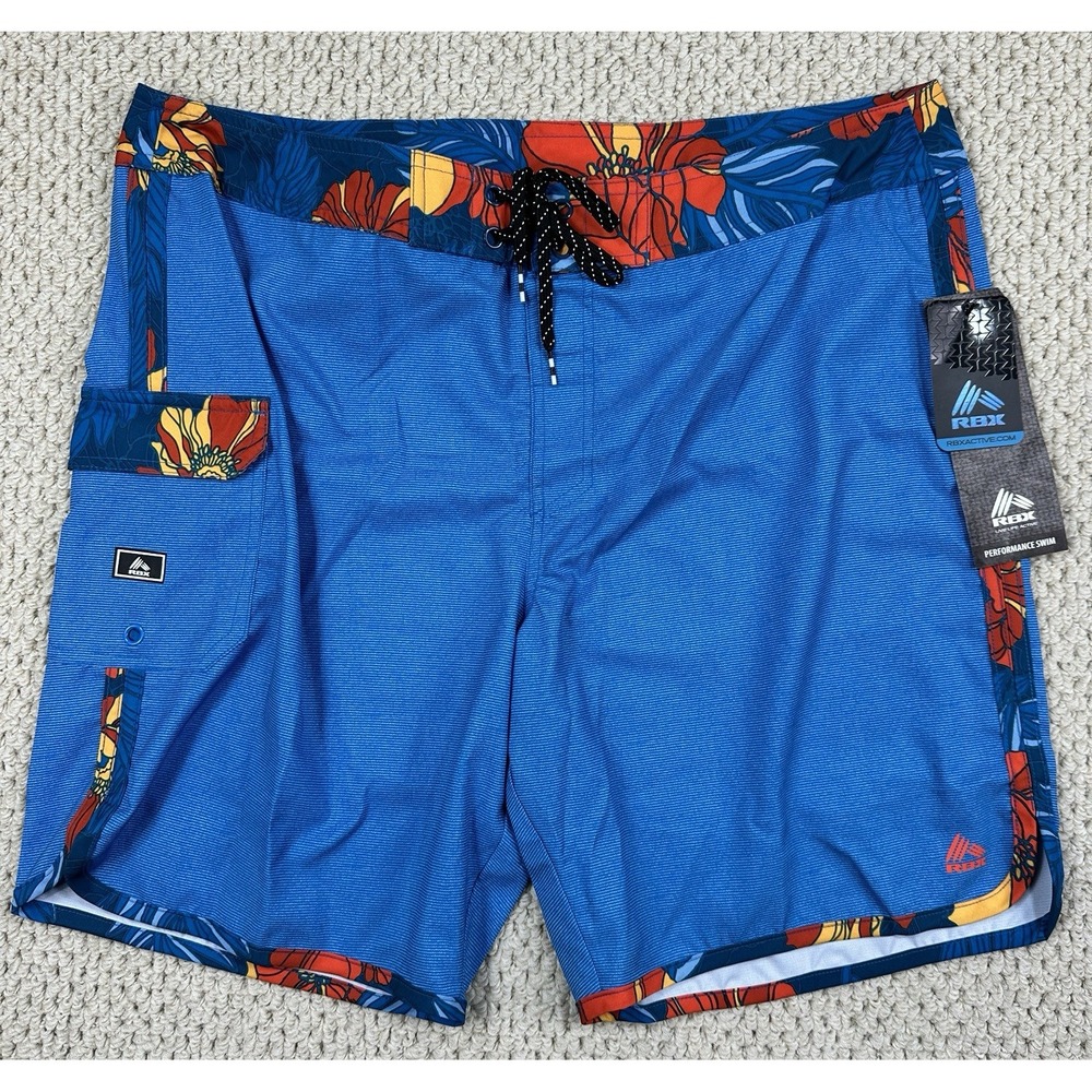 RBX Swim Trunks Mens XL Blue Floral Flex Performance Mid Length Board Shorts NEW